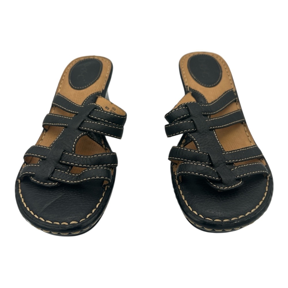 BOC Born‎ Casual Comfort Black Leather Wedge Sandals Women Size 10